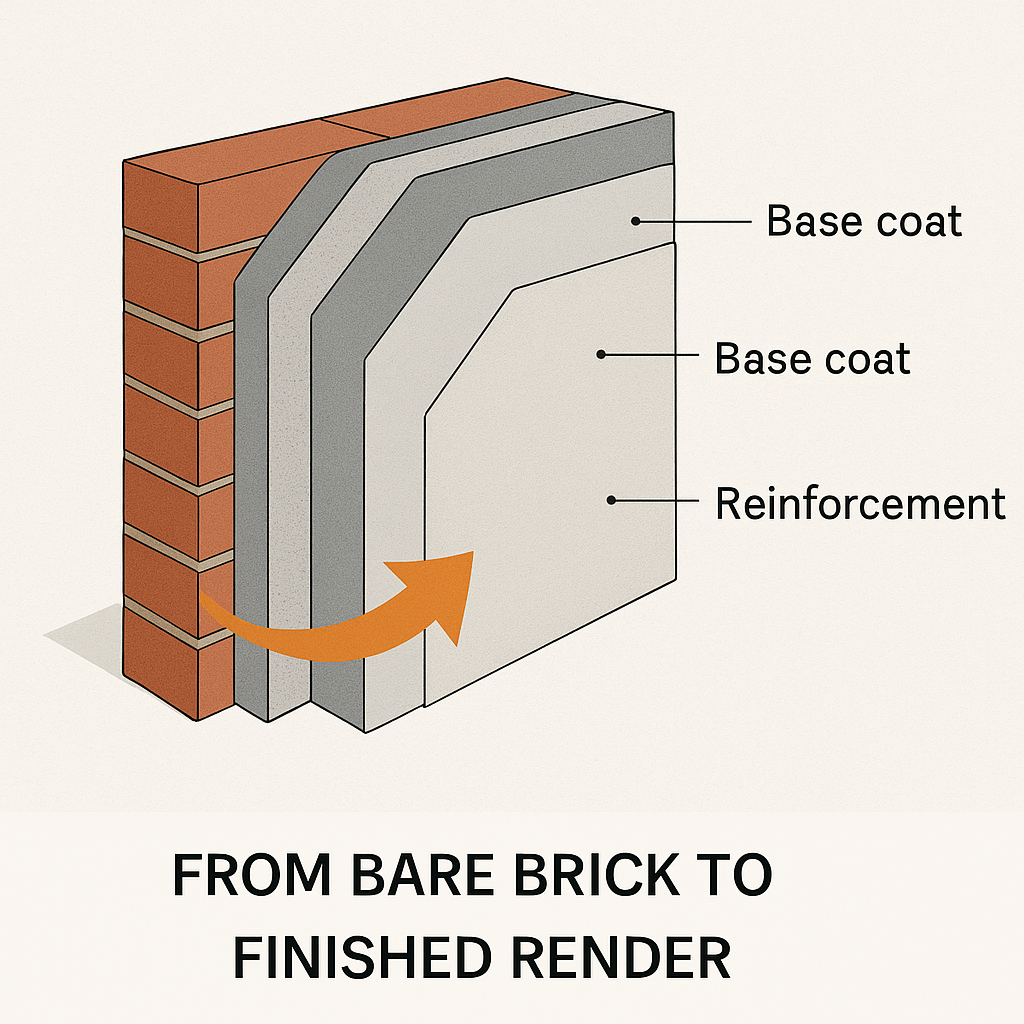 Rendering layers diagram showing from bare brick to finished render